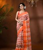 Orange Woven Cotton Floral Handloom-Sarees Without Blouse Piece