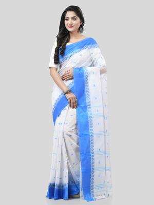 Blue Woven Cotton Floral Handloom-Sarees Without Blouse Piece 5