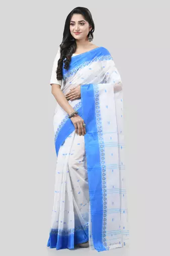 Blue Woven Cotton Floral Handloom-Sarees Without Blouse Piece
