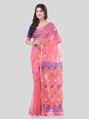 Pink Woven Cotton Self Design Handloom Jamdani Sarees Without Blouse Piece 5