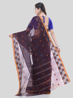 Brown Woven Cotton Floral Handloom-Sarees Without Blouse Piece 2