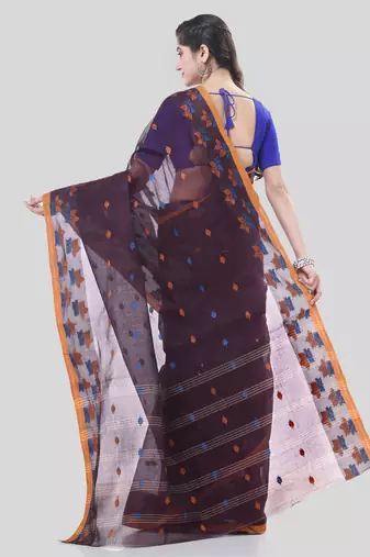 Brown Woven Cotton Floral Handloom-Sarees Without Blouse Piece