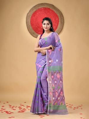 Purple Woven Cotton Self Design Handloomjamdani Sarees Without Blouse Piece 1