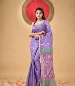 Purple Woven Cotton Self Design Handloomjamdani Sarees Without Blouse Piece