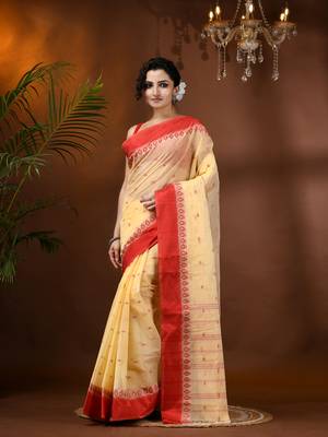 Cream Woven Cotton Floral Handloom-Sarees Without Blouse Piece 1