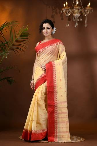 Cream Woven Cotton Floral Handloom-Sarees Without Blouse Piece