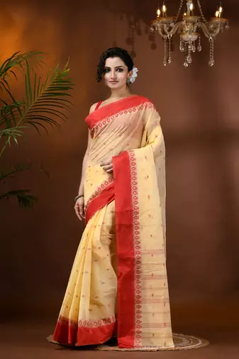 Cream Woven Cotton Floral Handloom-Sarees Without Blouse Piece