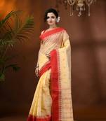 Cream Woven Cotton Floral Handloom-Sarees Without Blouse Piece