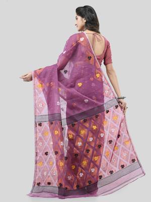 Purple Woven Cotton Self Design Handloomjamdani Sarees Without Blouse Piece 2