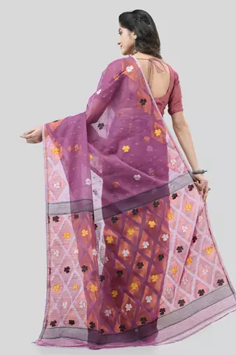 Purple Woven Cotton Self Design Handloomjamdani Sarees Without Blouse Piece