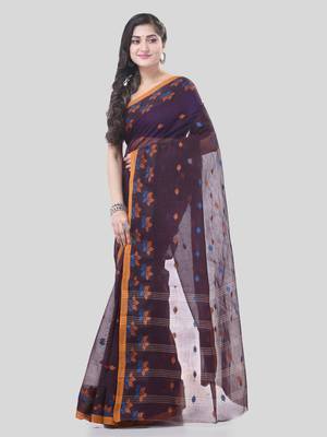 Brown Woven Cotton Floral Handloom-Sarees Without Blouse Piece 3