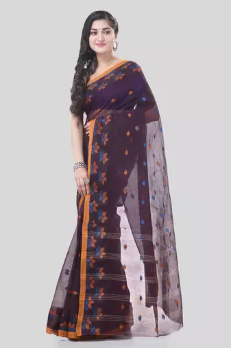 Brown Woven Cotton Floral Handloom-Sarees Without Blouse Piece