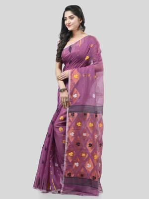 Purple Woven Cotton Self Design Handloomjamdani Sarees Without Blouse Piece 3