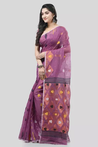 Purple Woven Cotton Self Design Handloomjamdani Sarees Without Blouse Piece