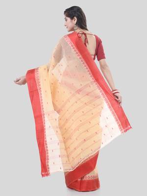 Cream Woven Cotton Floral Handloom-Sarees Without Blouse Piece 2