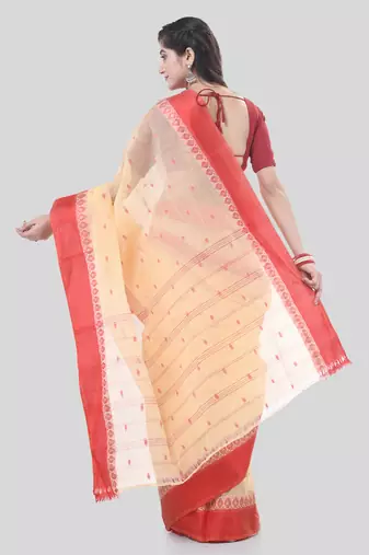 Cream Woven Cotton Floral Handloom-Sarees Without Blouse Piece