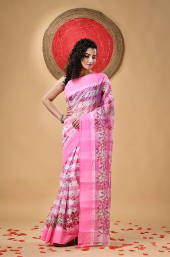Pink Woven Cotton Floral Handloom-Sarees Without Blouse Piece