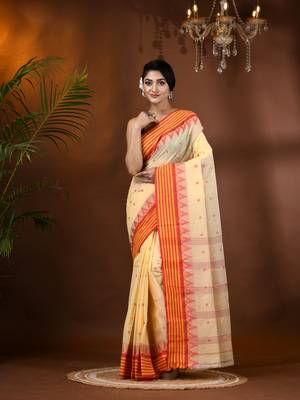 Cream Woven Cotton Floral Handloom-Sarees Without Blouse Piece 1