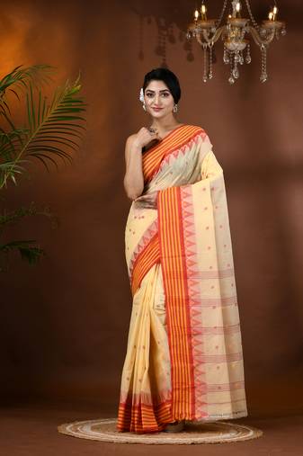Cream Woven Cotton Floral Handloom-Sarees Without Blouse Piece