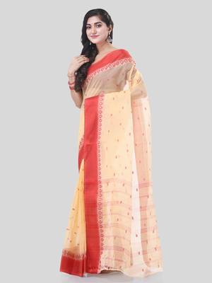 Cream Woven Cotton Floral Handloom-Sarees Without Blouse Piece 3