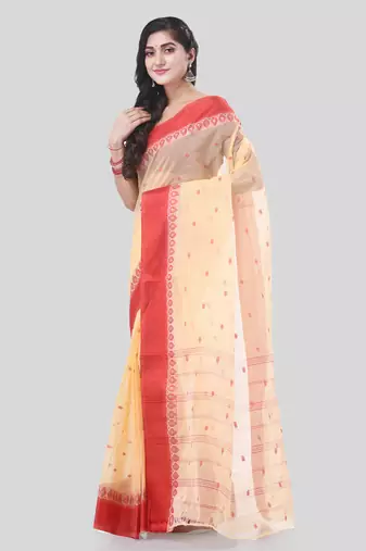 Cream Woven Cotton Floral Handloom-Sarees Without Blouse Piece