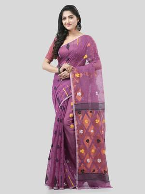Purple Woven Cotton Self Design Handloomjamdani Sarees Without Blouse Piece 5