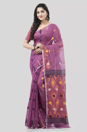 Purple Woven Cotton Self Design Handloomjamdani Sarees Without Blouse Piece