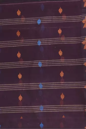Brown Woven Cotton Floral Handloom-Sarees Without Blouse Piece