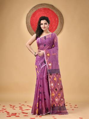 Lavender Woven Cotton Self Design Handloom Jamdani Sarees Without Blouse Piece 1