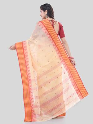 Cream Woven Cotton Floral Handloom-Sarees Without Blouse Piece 2