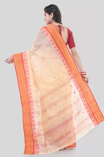 Cream Woven Cotton Floral Handloom-Sarees Without Blouse Piece