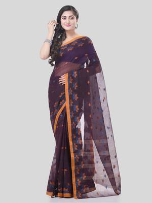 Brown Woven Cotton Floral Handloom-Sarees Without Blouse Piece 5