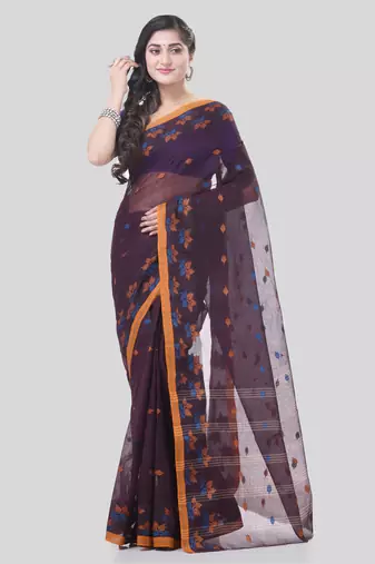Brown Woven Cotton Floral Handloom-Sarees Without Blouse Piece