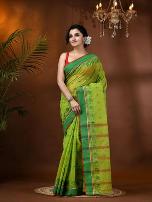 Green Woven Cotton Paisley Handloom-Sarees Without Blouse Piece 1