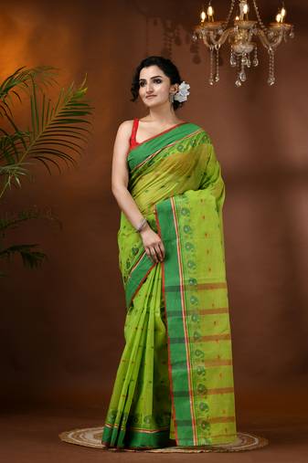 Green Woven Cotton Paisley Handloom-Sarees Without Blouse Piece