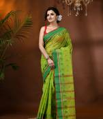 Green Woven Cotton Paisley Handloom-Sarees Without Blouse Piece