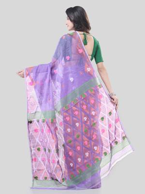 Lavender Woven Cotton Self Design Handloom Jamdani Sarees Without Blouse Piece 2