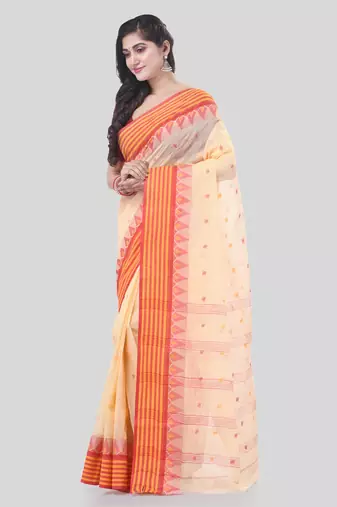 Cream Woven Cotton Floral Handloom-Sarees Without Blouse Piece