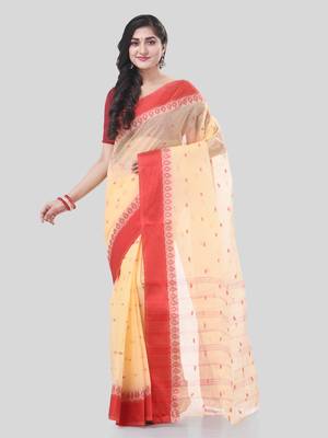 Cream Woven Cotton Floral Handloom-Sarees Without Blouse Piece 5