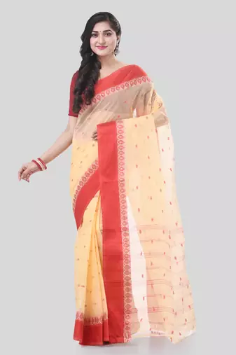 Cream Woven Cotton Floral Handloom-Sarees Without Blouse Piece