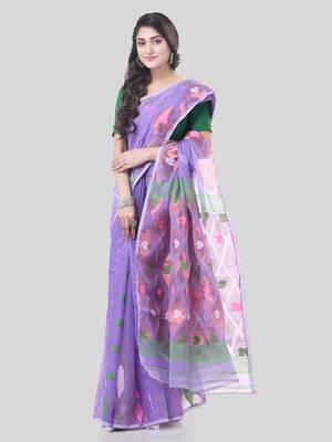 Lavender Woven Cotton Self Design Handloom Jamdani Sarees Without Blouse Piece 3