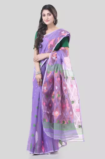 Lavender Woven Cotton Self Design Handloom Jamdani Sarees Without Blouse Piece