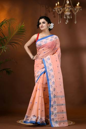 Pink Woven Cotton Floral Handloom-Sarees Without Blouse Piece