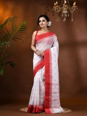 White Woven Cotton Floral Handloom-Sarees Without Blouse Piece 1