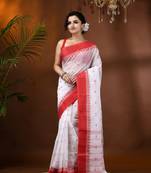 White Woven Cotton Floral Handloom-Sarees Without Blouse Piece