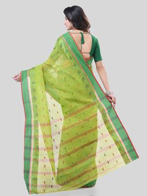 Green Woven Cotton Paisley Handloom-Sarees Without Blouse Piece 2