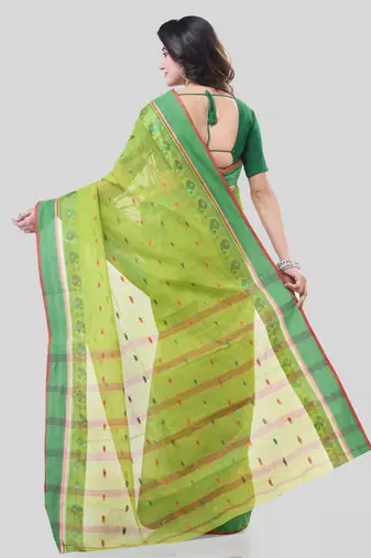 Green Woven Cotton Paisley Handloom-Sarees Without Blouse Piece