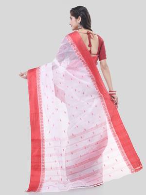 White Woven Cotton Floral Handloom-Sarees Without Blouse Piece 2
