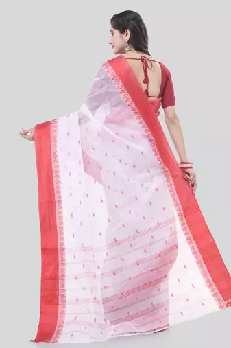 White Woven Cotton Floral Handloom-Sarees Without Blouse Piece