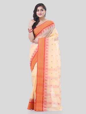Cream Woven Cotton Floral Handloom-Sarees Without Blouse Piece 5